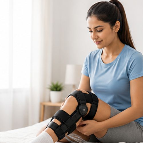 Patient recovering after surgery with post-operative bracing support